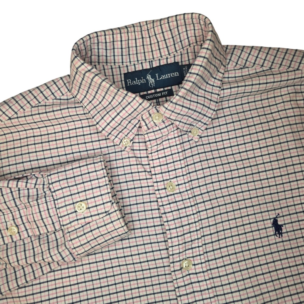 Ralph Lauren Custom Fit Pink Blue Plaid Button Down Shirt Men's Size Medium